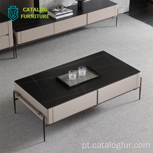 Conjunto de mesa de centro de madeira maciça com tampo em pedra sinterizada estilo nórdico moderno e suporte para armário de TV